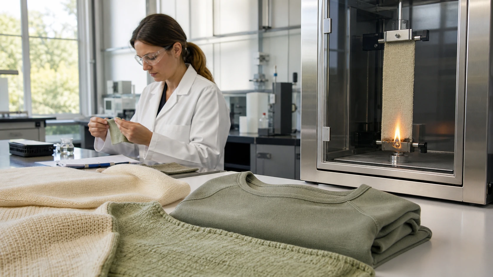 Illustrative textile laboratory scene with Merino knit swatches, a folded base layer, and an enclosed flame-test chamber