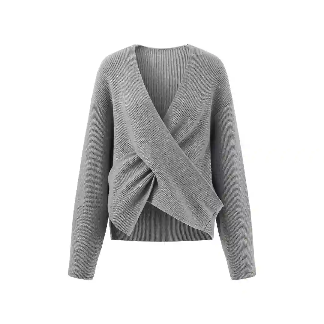 Grey wrap cross front merino wool sweater, V neck twisted detail custom knitwear OEM