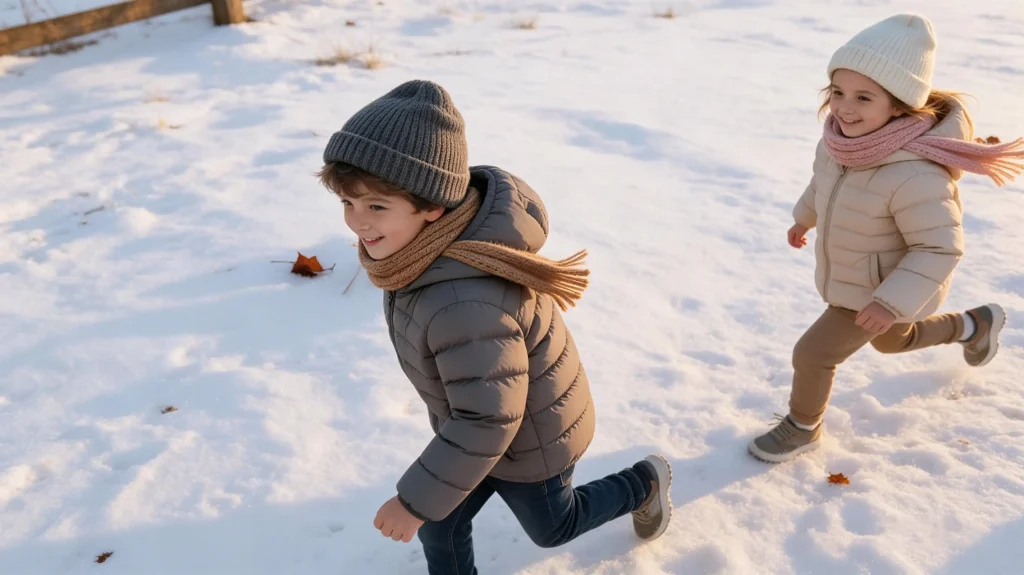 Two Western kids playing in snow wearing knitted beanie hats and knit scarves, illustrating children's knitwear accessories.