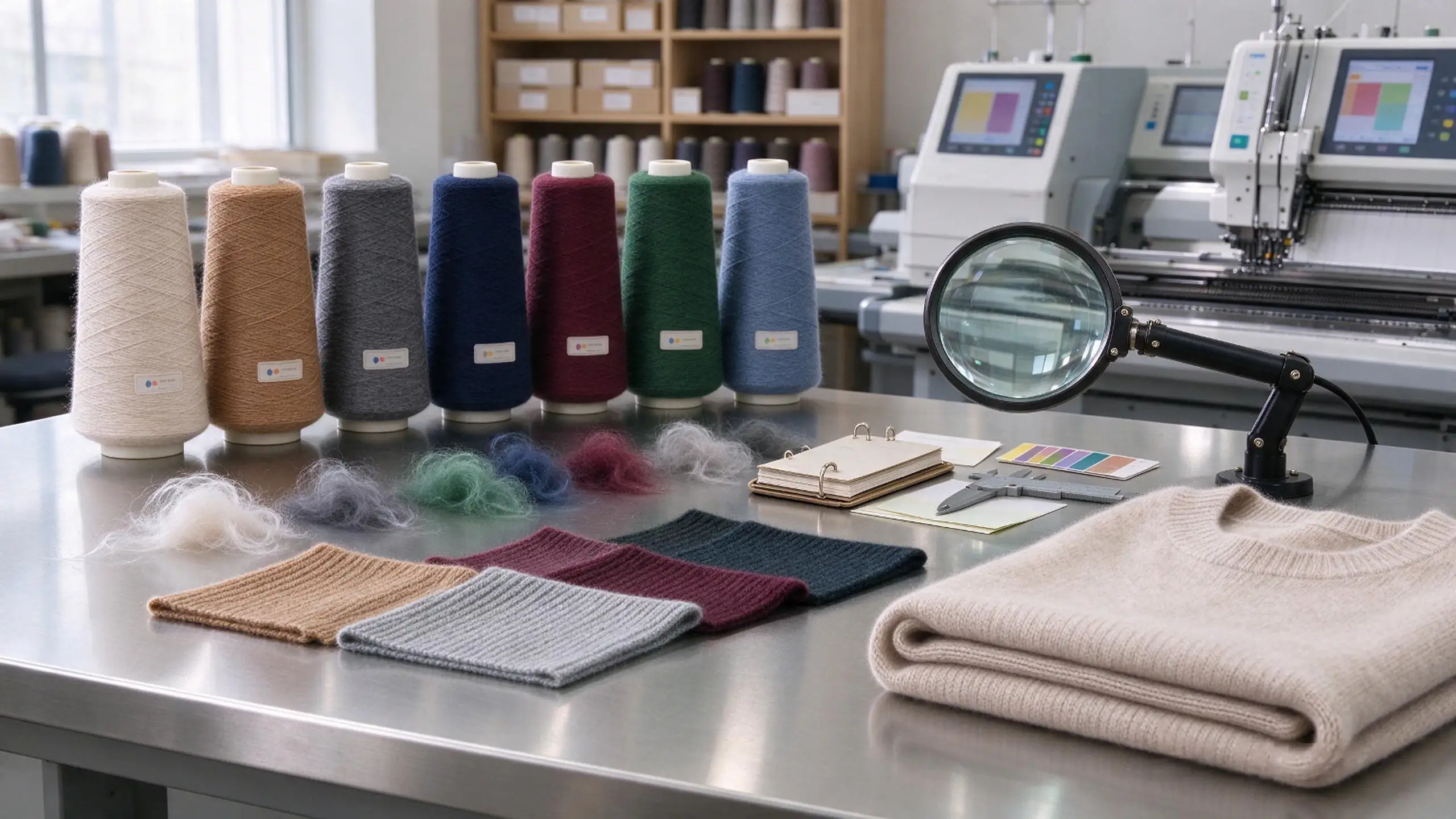Cashmere yarn cones, knitted swatches and an oatmeal sweater arranged for supplier verification before sampling