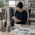 Designer checking rPET recycled yarn spool, sustainable knit fabric color card selection for OEM knitwear