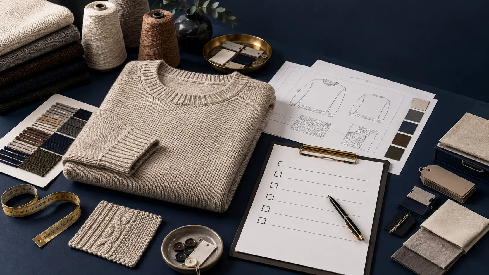 Low MOQ sweater factory sourcing desk with a knitwear sample, yarn swatches, tech pack, and verification checklist