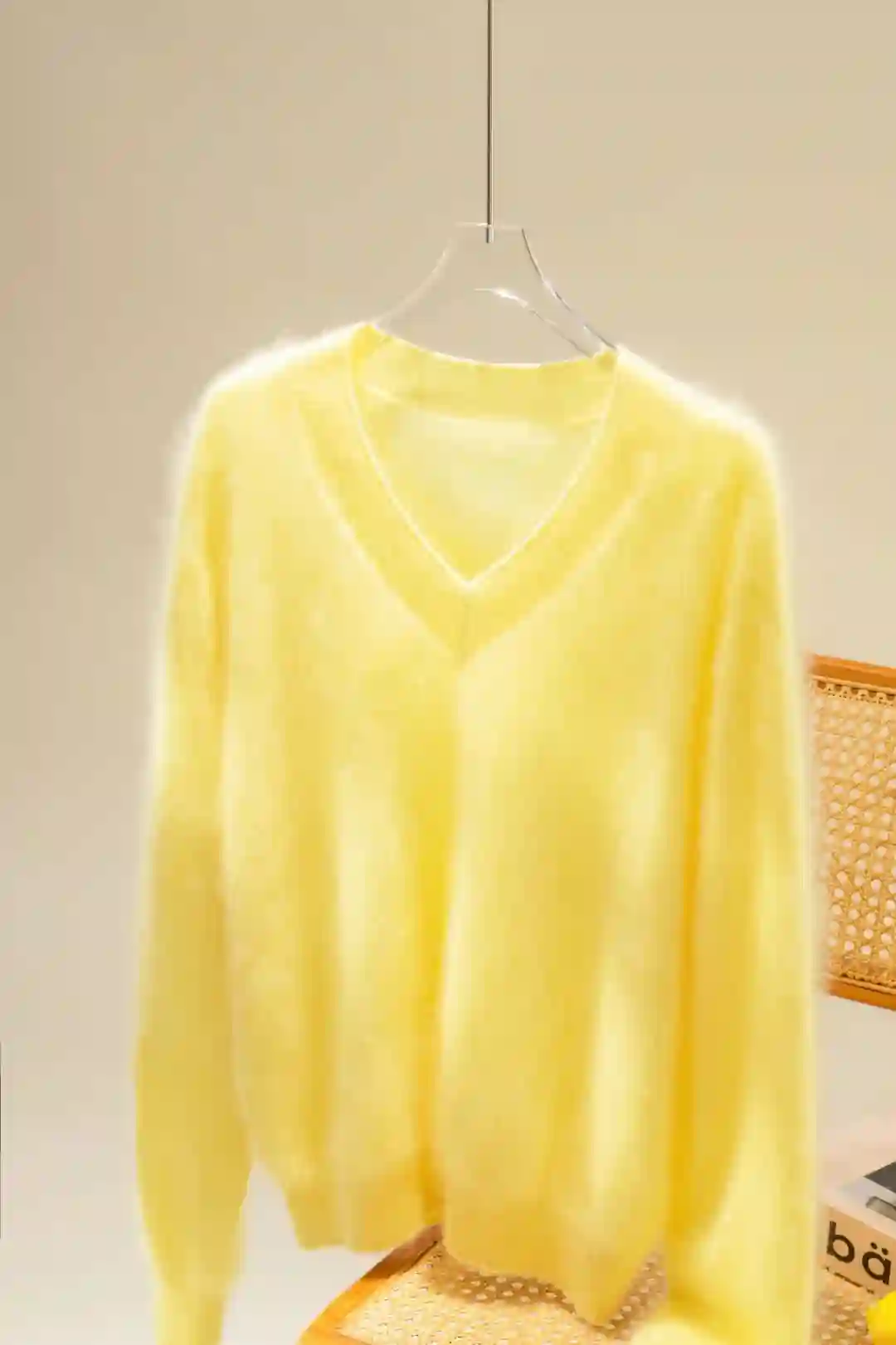 Bright yellow fuzzy mohair V-neck knit sweater, premium garment made on Stoll flat knitting machine