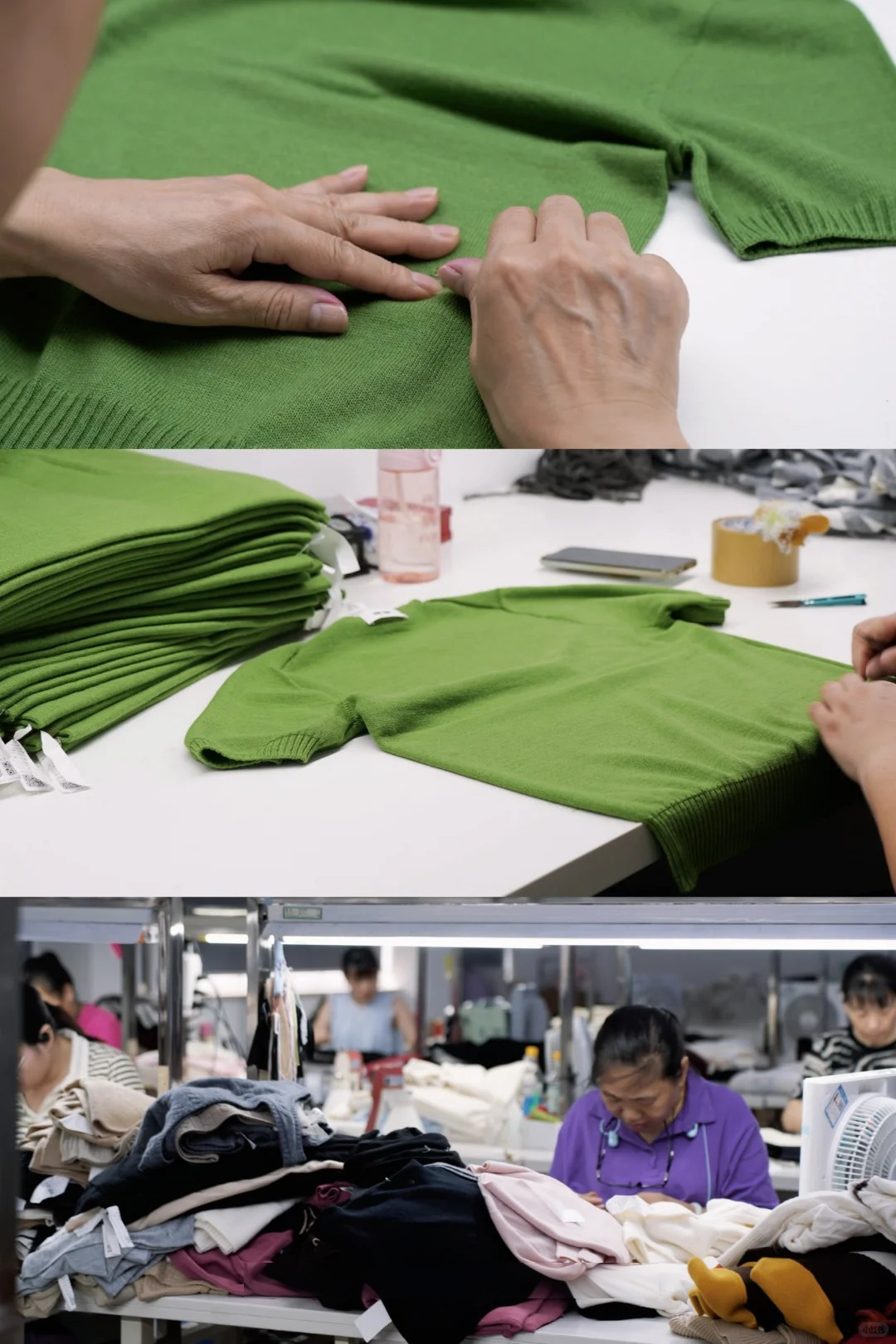 Three-grid collage of knitwear QC workshop, workers inspect finished green knit sweaters, standardized production troubleshooting SOP quality control workflow photo