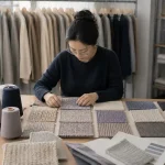 Designer reviews knit fabric swatch cards, whole garment seamless knitting sample selection for luxury knitwear OEM