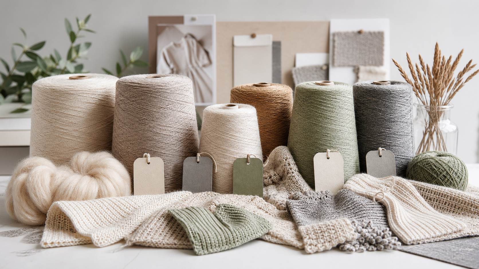 Natural neutral tone wool cashmere yarn cones, knit fabric swatches, minimalist Nordic knit sweater raw material still life photography