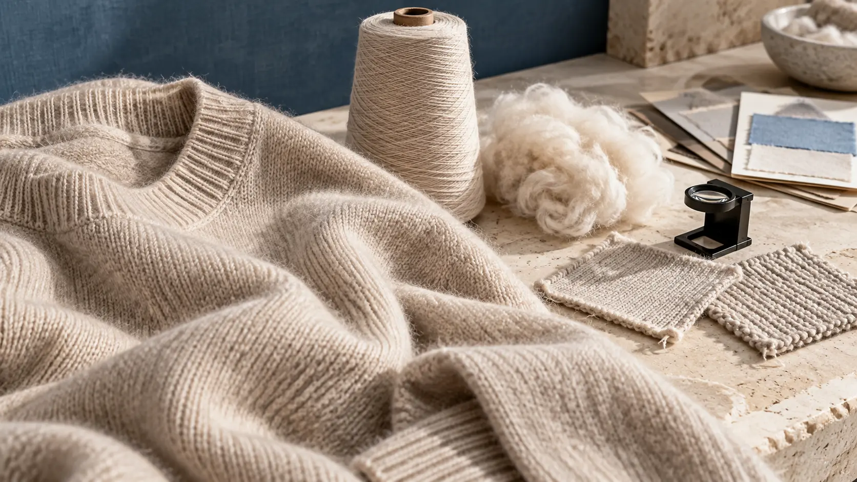 Cashmere sweater with fine yarn, dehaired fibre, knitted swatches and inspection tools illustrating why cashmere sweaters are expensive.