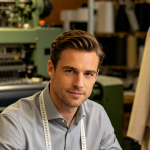 Portrait of a professional knitwear designer in a modern factory, wearing a measuring tape around his neck, with industrial knitting machines in the background. Premium OEM knitwear manufacturing, tailored craftsmanship, luxury textile production.