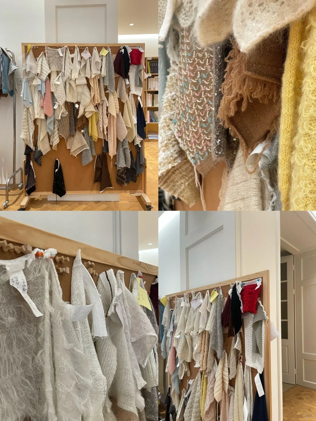 Four-grid collage of knitwear sample showroom, full range of cashmere, alpaca, jacquard, cable knit sweaters & scarves on display racks, one-stop custom knitwear manufacturer product range showcase photo